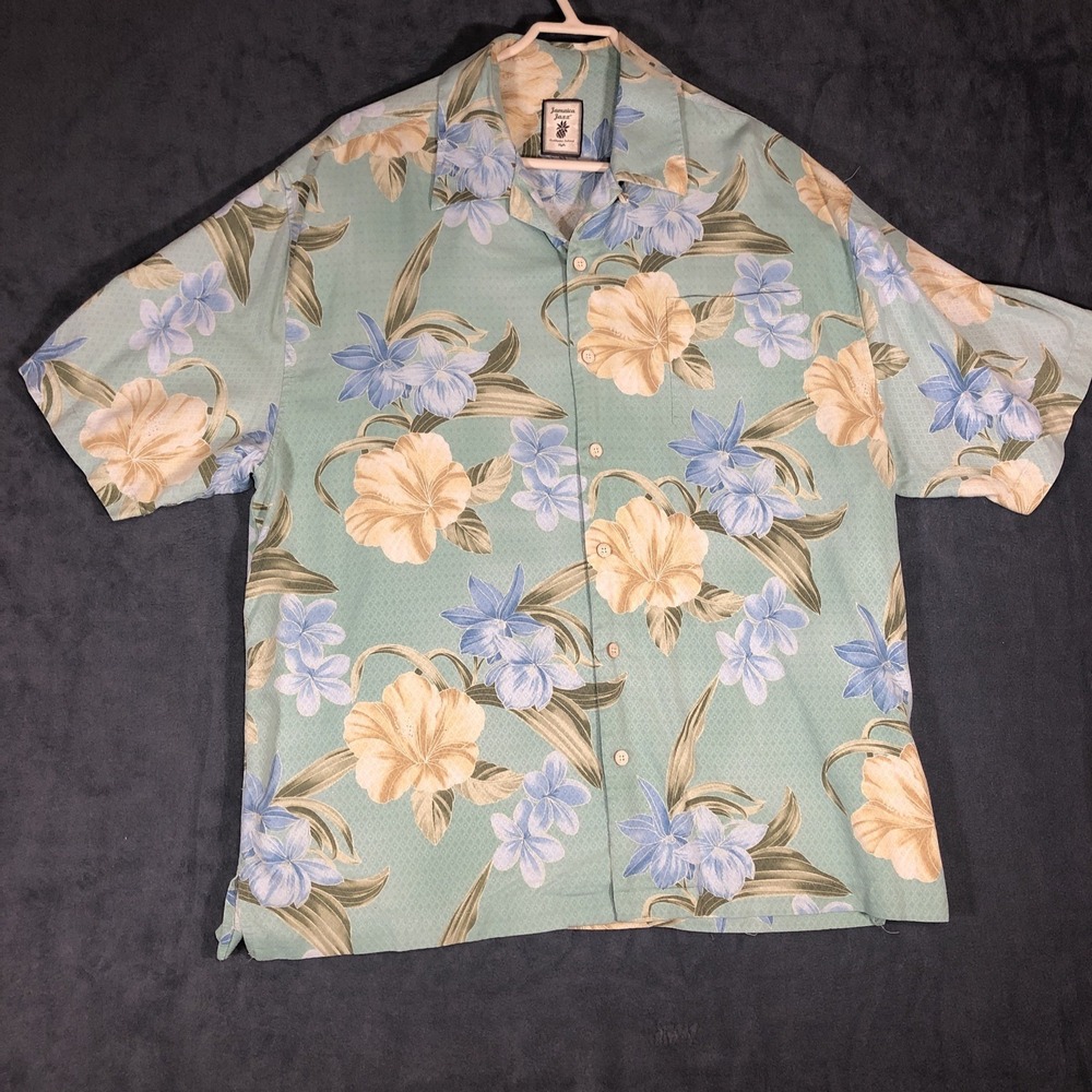 Jamaica Jaxx Mens Size XL Green/Blue SILK Floral Button up Short Sleeve Shirt